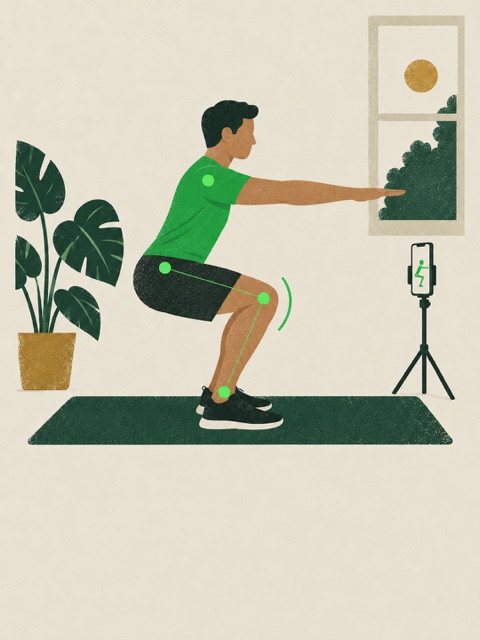 The app’s illustration of a person squatting in front of a phone with body-position landmarks.