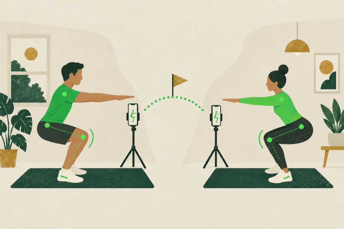 Squat League onboarding illustration of two friends squatting in front of their phones.